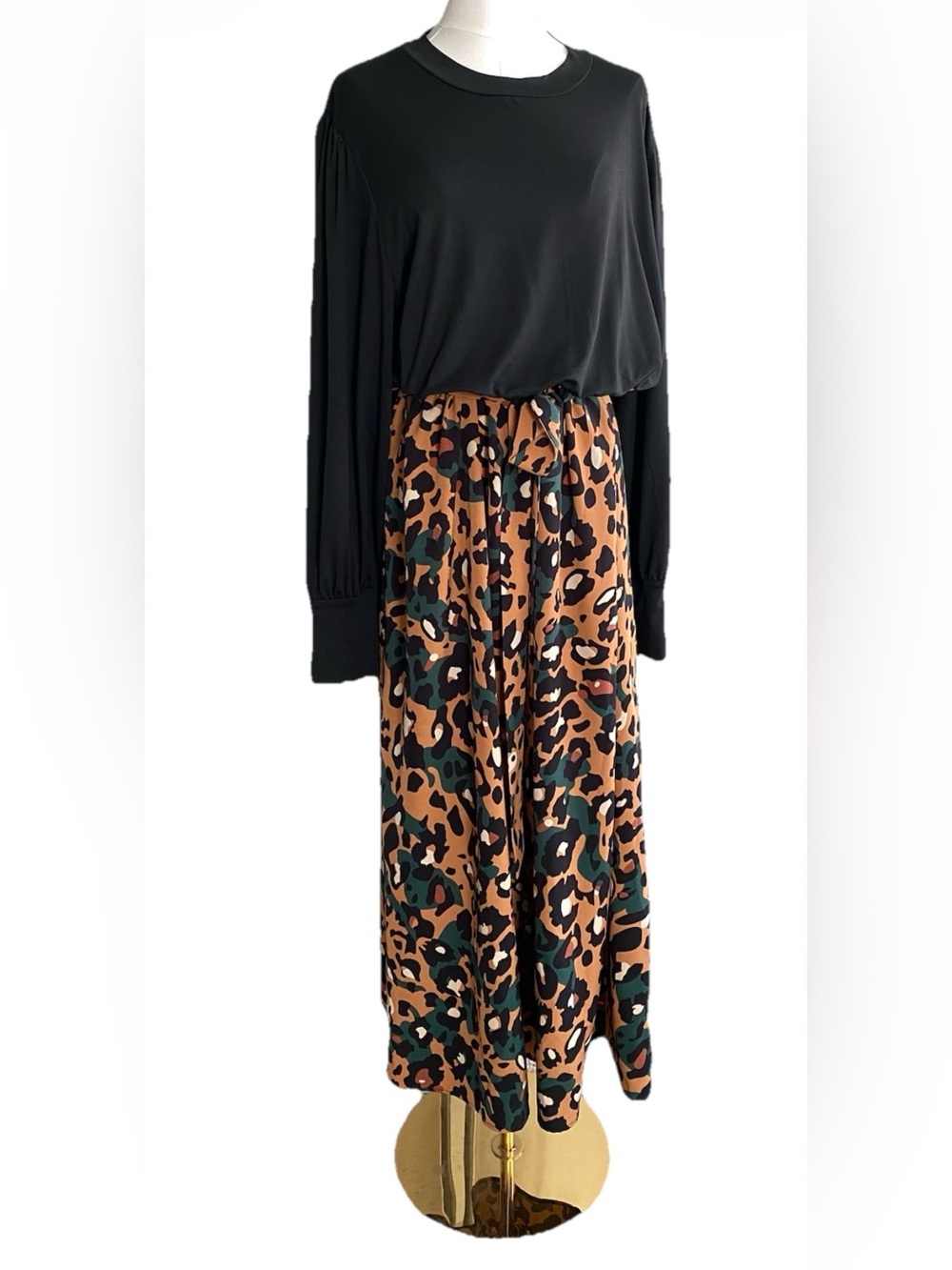 Leopard Print Maxi Dress Black Long Sleeve Tie Waist Plus Size